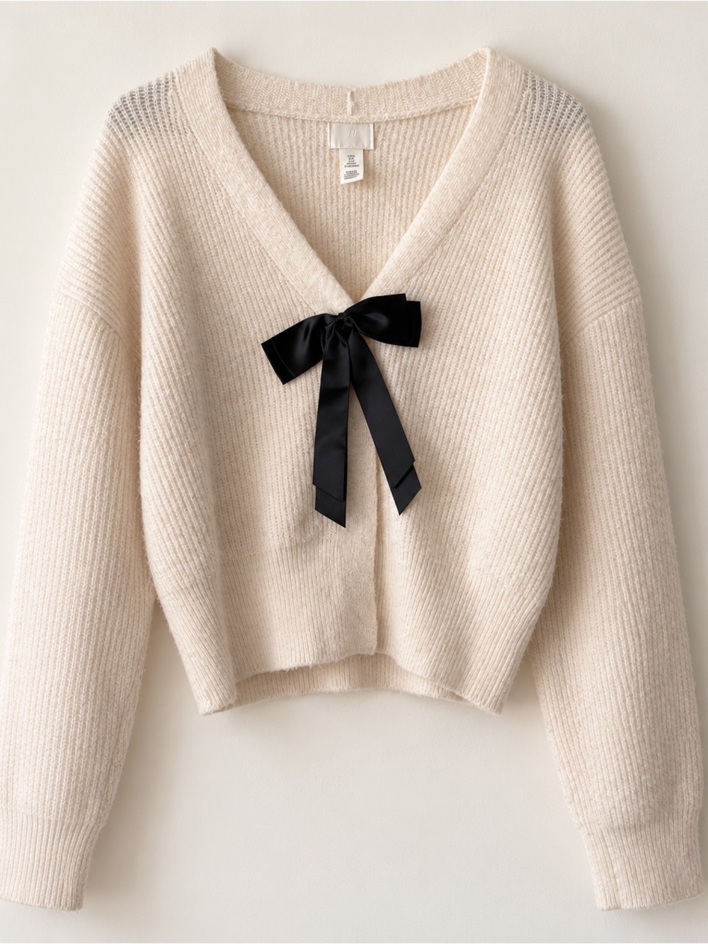 H&M Cream Rib-Knit Cardigan with Black Bow | S